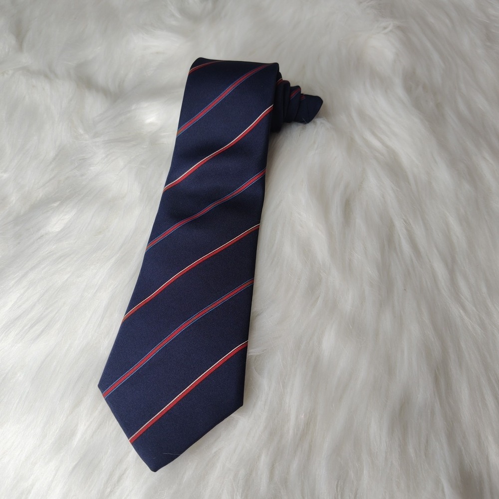 Yves‎ St Laurent Necktie Men Navy Blue Red White Striped Classic Business Tie